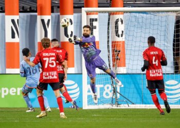 Carlos Miguel Coronel #31 of New York Red Bulls makes a save in the second half of the Audi 2024 MLS Cup Playoffs Eastern Conference Semifinals.
