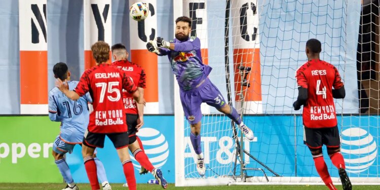 Carlos Miguel Coronel #31 of New York Red Bulls makes a save in the second half of the Audi 2024 MLS Cup Playoffs Eastern Conference Semifinals.