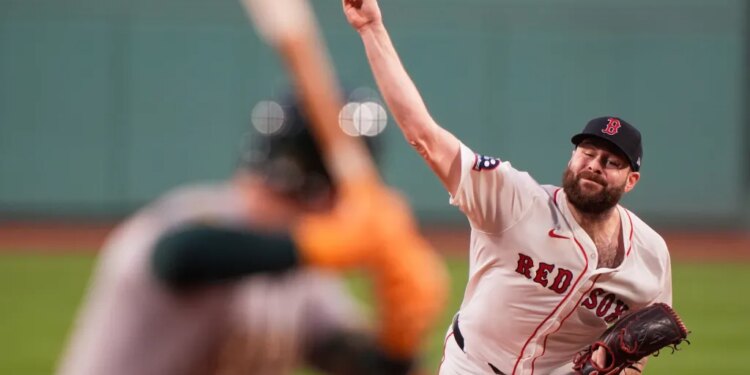 Lucas Giolito delivers in the first inning of a baseball game against the Athletics, Sept. 17, 2025, in Boston.