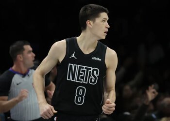 Egor Dëmin, who had 23 points, nine rebounds and five assists, runs up court after hitting a 3-pointer during the Nets' 115-103 loss to the 76ers on Nov. 28, 2025 at Barclays Center.