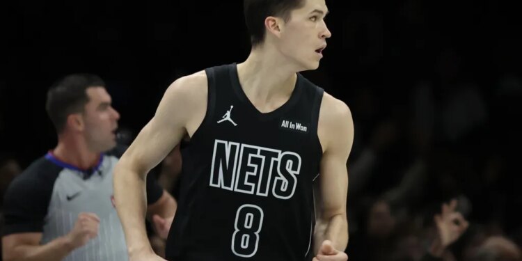 Egor Dëmin, who had 23 points, nine rebounds and five assists, runs up court after hitting a 3-pointer during the Nets' 115-103 loss to the 76ers on Nov. 28, 2025 at Barclays Center.