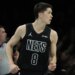 Egor Dëmin, who had 23 points, nine rebounds and five assists, runs up court after hitting a 3-pointer during the Nets' 115-103 loss to the 76ers on Nov. 28, 2025 at Barclays Center.