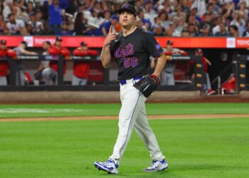 Ryan Helsley of the New York Mets reacts after ending the seventh inning when the New York Mets played the Washington Nationals Friday, September 19, 2025 at Citi Field in Queens, NY.