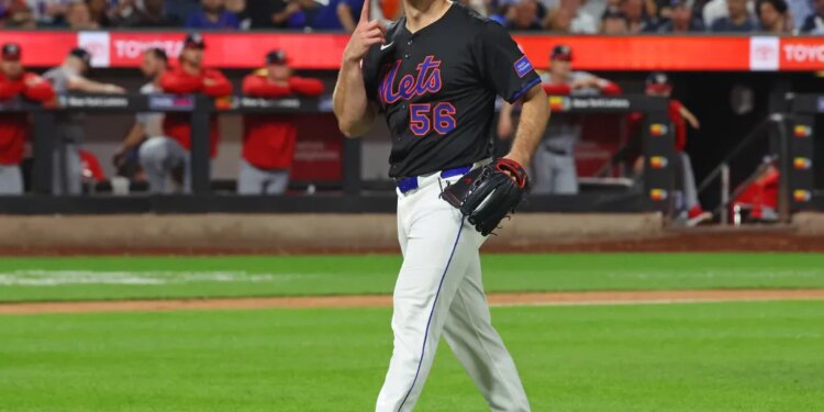 Ryan Helsley of the New York Mets reacts after ending the seventh inning when the New York Mets played the Washington Nationals Friday, September 19, 2025 at Citi Field in Queens, NY.