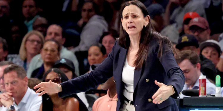 New York Liberty head coach Sandy Brondello reacting on the sideline during the second quarter.