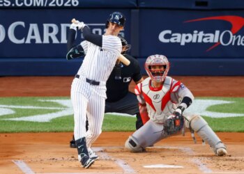 New York Yankees outfielder Cody Bellinger (35) singles during the first inning when the New York Yankees played the Boston Red Sox in Game Two of their Wild Card Series Wednesday, October 1, 2025 at Yankee Stadium in the Bronx, NY.