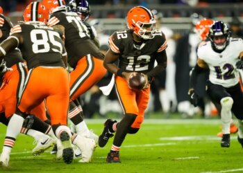 Cleveland Browns quarterback Shedeur Sanders (12) drops back from the line of scrimmage during the second half against the Ravens on Nov. 16, 2025.