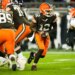 Cleveland Browns quarterback Shedeur Sanders (12) drops back from the line of scrimmage during the second half against the Ravens on Nov. 16, 2025.