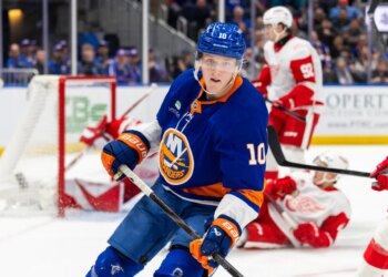 Islanders right wing Simon Holmstrom (10) celebrates his goal during the third period against the Detroit Red Wings at UBS Arena, Thursday, Oct. 23, 2025, in Elmont, NY.