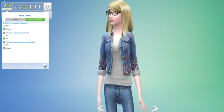Screenshot from The Sims 4 featuring a bespectacled blond female Sim within the Create A Sim screen as the player chooses potential sexual orientation options