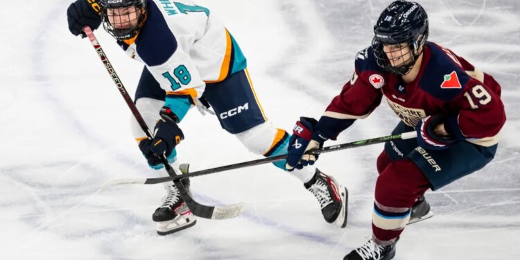 New York Sirens' Maddi Wheeler (18) and Montréal Victoire's Kaitlin Willoughby (19) vie for the puck in a hockey game.
