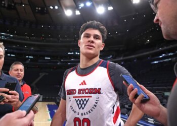 St. John's Red Storm guard Dylan Darling speaking to the media at Madison Square Garden.
