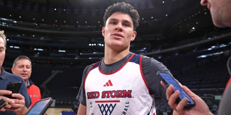 St. John's Red Storm guard Dylan Darling speaking to the media at Madison Square Garden.