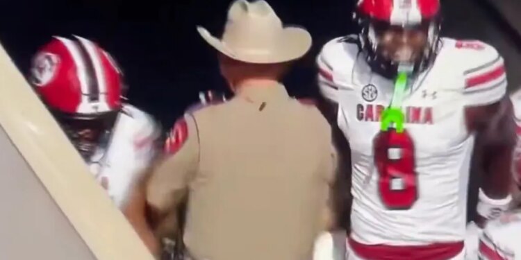 The Texas trooper stepping between two South Carolina players after scoring a touchdown.