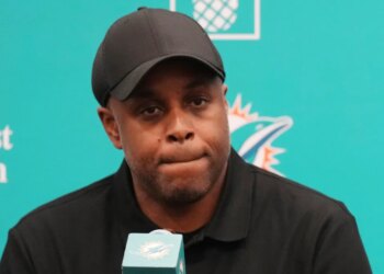 Miami Dolphins general manager Chris Grier at a press conference.