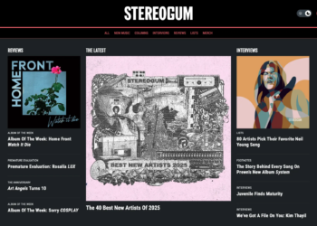 Stereogum’s new home page in dark mode.