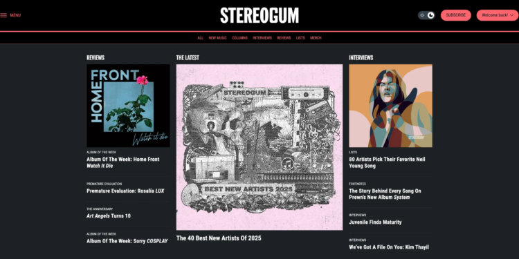 Stereogum’s new home page in dark mode.