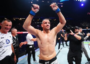 Ante Delija reacting after his TKO victory over Marcin Tybura at UFC Fight Night.