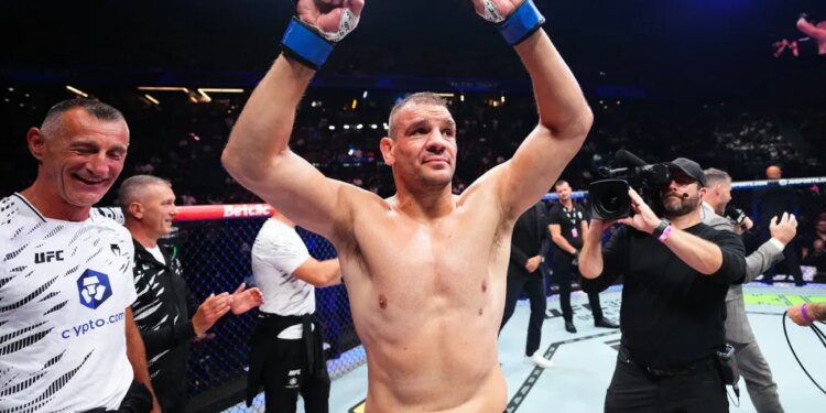 Ante Delija reacting after his TKO victory over Marcin Tybura at UFC Fight Night.