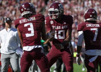 Texas A&M Aggies quarterback Marcel Reed (10) celebrates with wide receiver Ashton Bethel-Roman (3) after a touchdown during the third quarter against the South Carolina Gamecocks at Kyle Field.