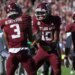 Texas A&M Aggies quarterback Marcel Reed (10) celebrates with wide receiver Ashton Bethel-Roman (3) after a touchdown during the third quarter against the South Carolina Gamecocks at Kyle Field.