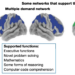 A set of images of the brain, with different parts lighting up, labeled “language network,” “multiple demand network,” and “theory of mind network,” all of which support different functions.