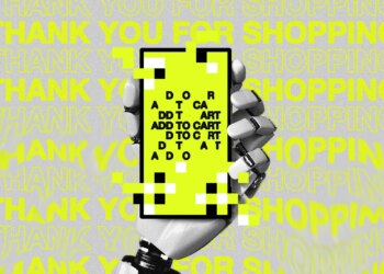 A photo illustration of a smartphone with overlaid text related to ecommerce.