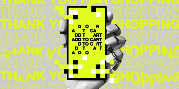 A photo illustration of a smartphone with overlaid text related to ecommerce.