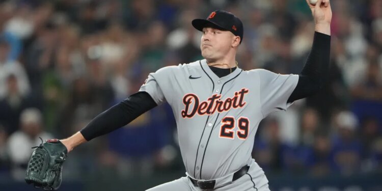 Tarik Skubal throws during the first inning in Game 5 of baseball's American League Division Series against the Seattle Mariners, Friday, Oct. 10, 2025, in Seattle.