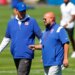 New York Giants offensive coordinator Mike Kafka and head coach Brian Daboll at football practice.