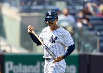 New York Yankees outfielder Trent Grisham (12) reacts as he walks back to the dugout after striking out in the 6th inning against the Houston Astros at Yankee Stadium, Sunday, Aug. 10, 2025, in Bronx, NY.