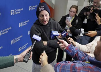 Yankees general manager Brian Cashman talks to the media during the Covenant House Sleep Out event at the Jacob Javits Center in New York on Nov. 20, 2025.