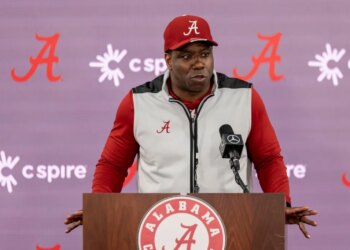 Alabama wide receiver coach JaMarcus Shephard speaks to the media after the team's spring NCAA college football practice, March 8, 2024, in Tuscaloosa, Ala.
