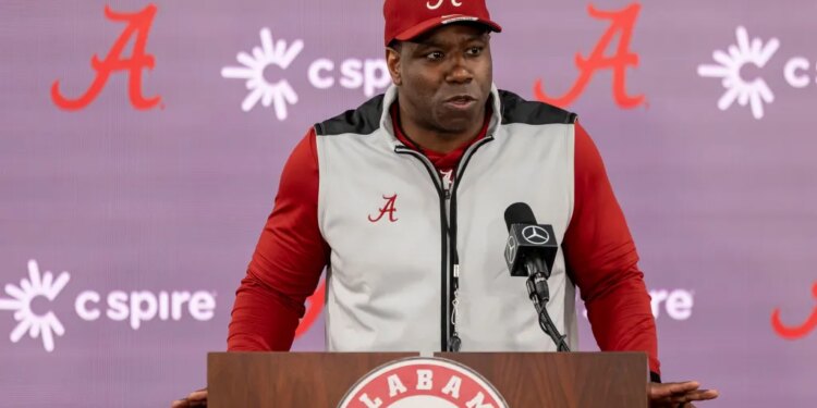 Alabama wide receiver coach JaMarcus Shephard speaks to the media after the team's spring NCAA college football practice, March 8, 2024, in Tuscaloosa, Ala.