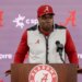 Alabama wide receiver coach JaMarcus Shephard speaks to the media after the team's spring NCAA college football practice, March 8, 2024, in Tuscaloosa, Ala.