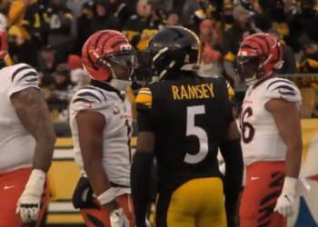 Bengals receiver Ja'Marr Chase (l.) spits at Steelers cornerback Jalen Ramsey (r) on Nov. 16, 2025.