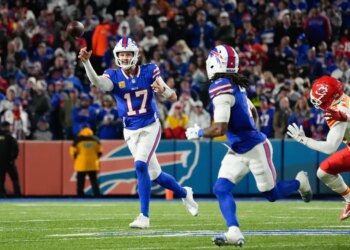 Buffalo Bills quarterback Josh Allen (17) throws the ball in the second half against the Kansas City Chiefs at Highmark Stadium.
