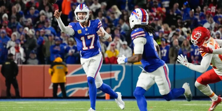 Buffalo Bills quarterback Josh Allen (17) throws the ball in the second half against the Kansas City Chiefs at Highmark Stadium.