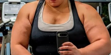 A person in athletic wear and headphones takes a selfie in a gym.