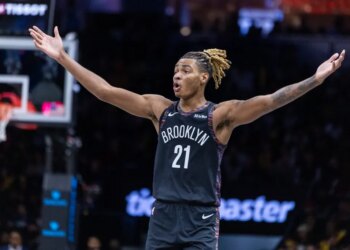 Noah Clowney (21) reacts during the second half against the Toronto Raptors at Barclays Center, Tuesday, Nov. 11, 2025, in Brooklyn, NY.