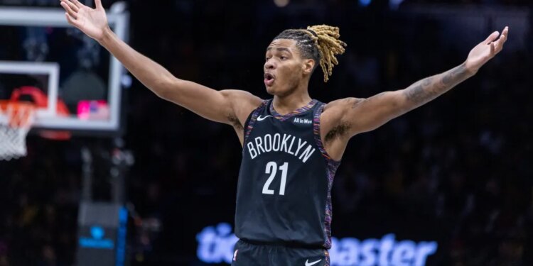Noah Clowney (21) reacts during the second half against the Toronto Raptors at Barclays Center, Tuesday, Nov. 11, 2025, in Brooklyn, NY.