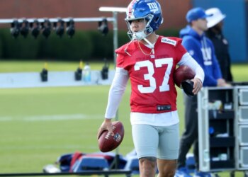 New York Giants place kicker Younghoe Koo #37, during practice at the New York Giants training facility in East Rutherford, New Jersey.