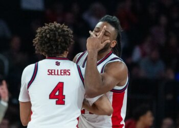 Zuby Ejiofor of the St. John's Red Storm reacts against Oziyah Sellers of the St. John's Red Storm after hitting a three-point shot in the first half at Madison Square Garden, Saturday, Nov. 8, 2025, in New York, NY.