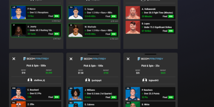 Screenshot of Boom Fantasy "Recent Winners" featuring various sports predictions and payouts.