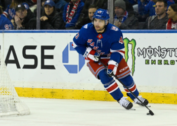 Conor Sheary skates with the puck from behind the net during the Rangers' 3-2 overtime win over the Stars at Madison Square Garden on Dec. 2, 2025.