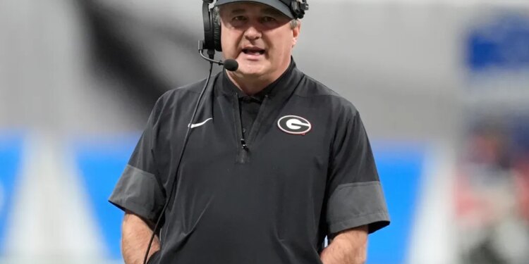 Georgia head coach Kirby Smart on the field.