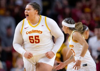 Iowa State center Audi Crooks (55) reacts during an NCAA college basketball game against Iowa in Ames, Iowa, Wednesday, Dec. 10, 2025.