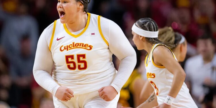 Iowa State center Audi Crooks (55) reacts during an NCAA college basketball game against Iowa in Ames, Iowa, Wednesday, Dec. 10, 2025.