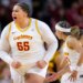 Iowa State center Audi Crooks (55) reacts during an NCAA college basketball game against Iowa in Ames, Iowa, Wednesday, Dec. 10, 2025.