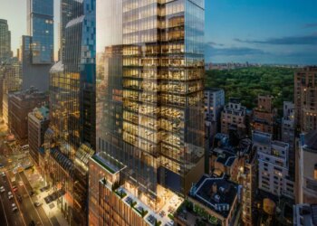 Illustration of the W. 57th St. building at dusk, surrounded by other buildings, a busy street, and a park in the background.
